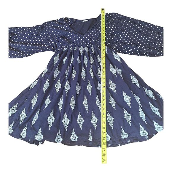 TALISMAN Gaia Dress Navy Blue 100% Cotton Lined Pockets Tie Back Embroidery L - Picture 6 of 16
